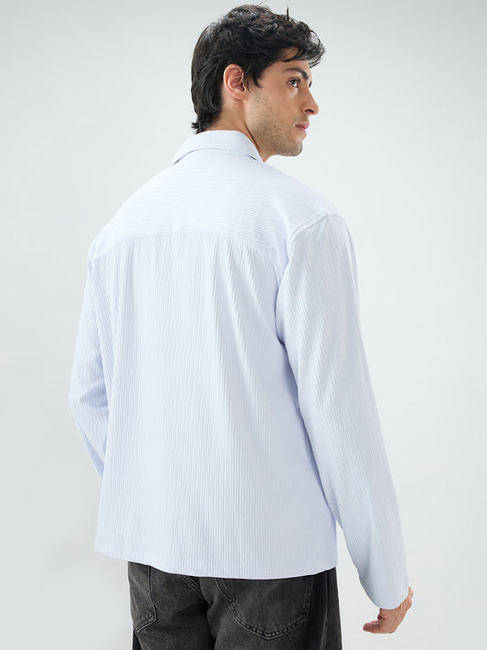 Soft Blue Precision Rib Striped Oversized Polo Knitted Shirt