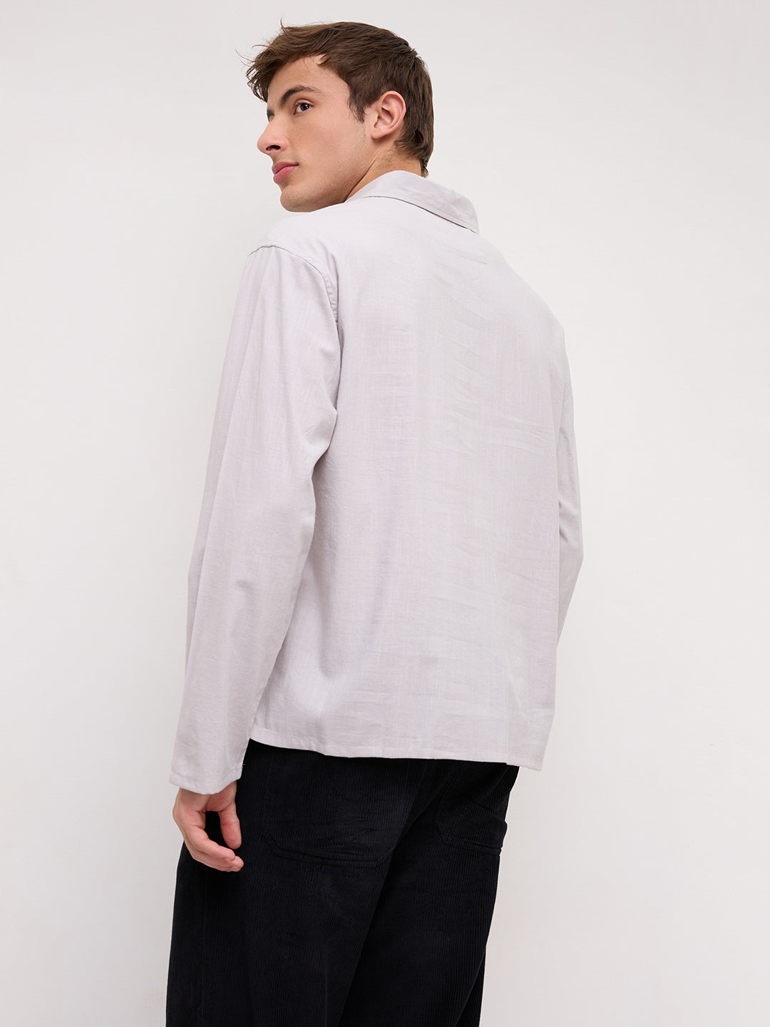 Grey Slub Textured Center Seam Oversized Polo Shirt