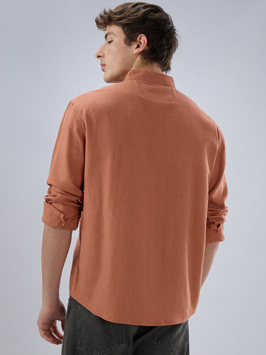 Soft Cider Orange Diagonal Textured Stand Collar Oversized Shirt