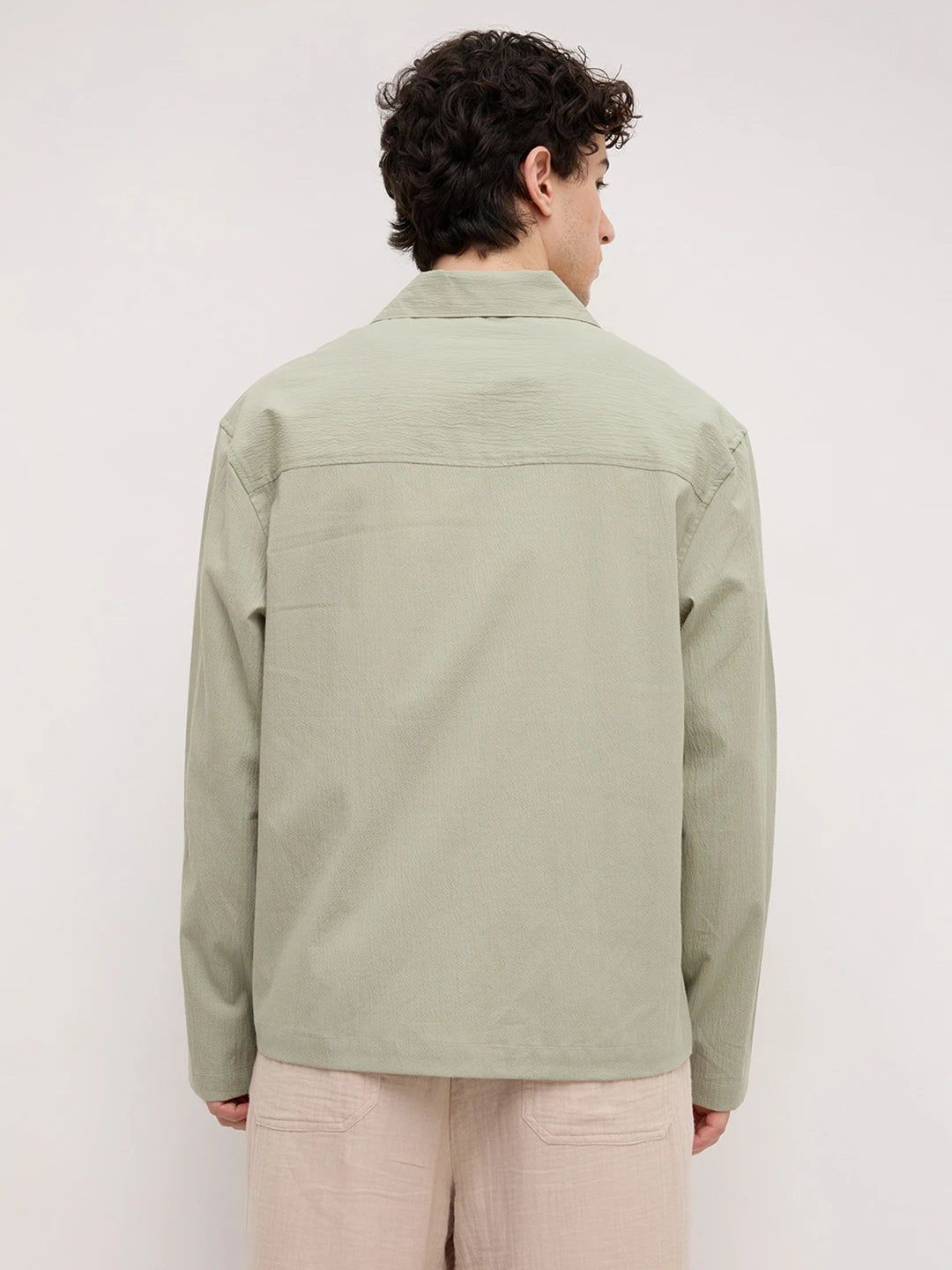 Pistachio Green Fine Textured Notch Collar Oversized Shirt