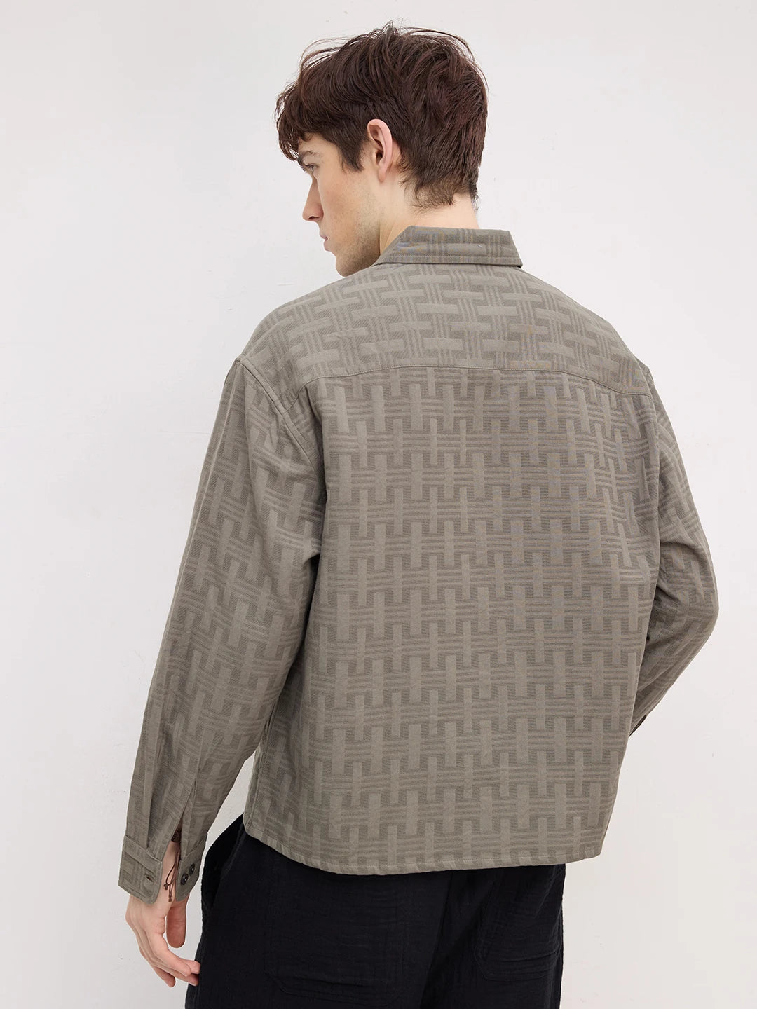 Contemporary Ash Grey Architectural Weave Textured Boxy Fit Crop Shirt