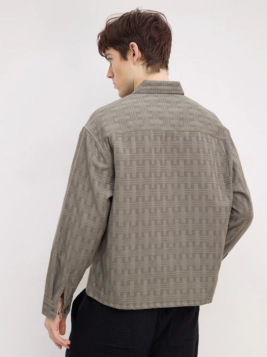 Contemporary Ash Grey Architectural Weave Textured Boxy Fit Crop Shirt