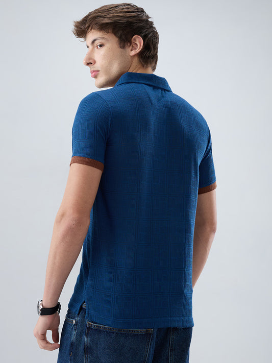 Dark Slate Blue Grid Contrast Polo Neck Knit T-shirt