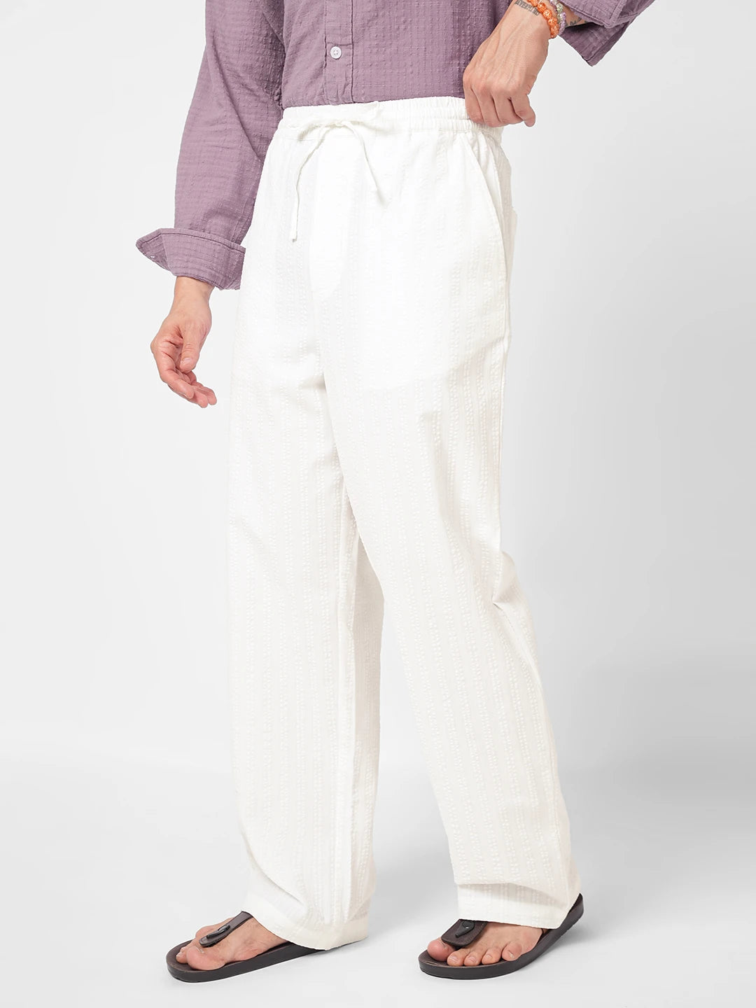 Elite White Seersucker Striped Straight Fit Trousers