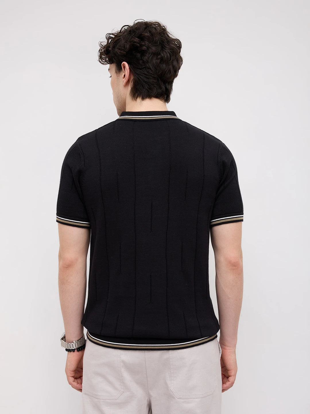 Black Ribline Contrast Polo Knit T-Shirt