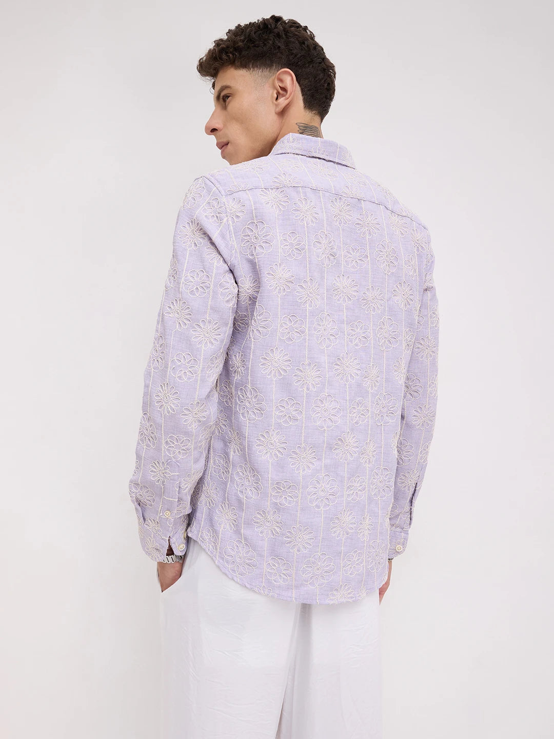Soft Lilac Floral Embroidered Slub Shirt
