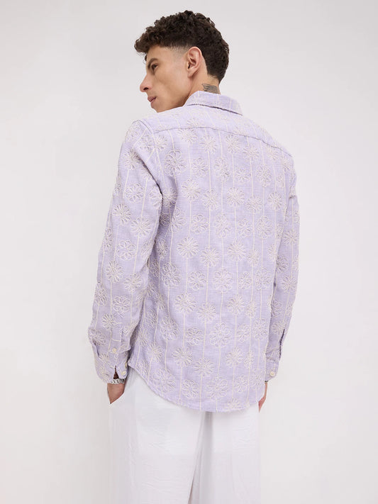 Soft Lilac Floral Embroidered Slub Shirt
