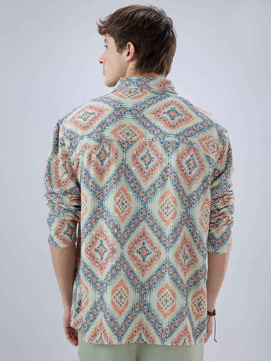 Jashn Aura Blue Sequin Embroidered Polo Neck Oversized Shirt