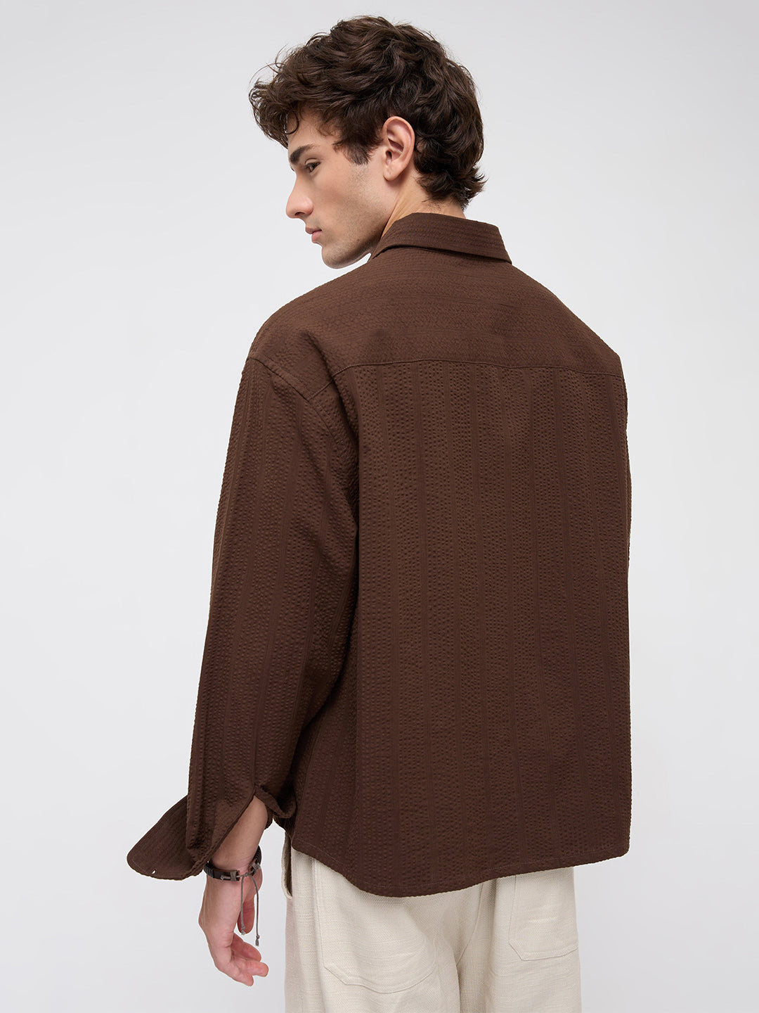 Espresso Brown Seersucker Boxy Fit Crop Shirt