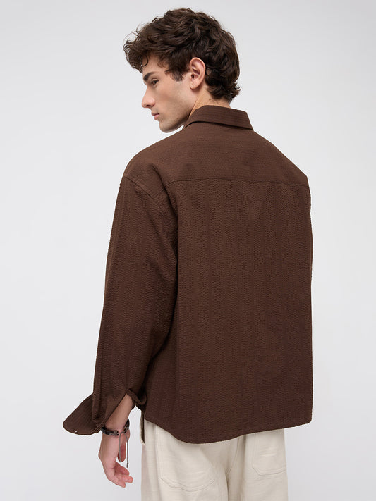 Espresso Brown Seersucker Boxy Fit Crop Shirt