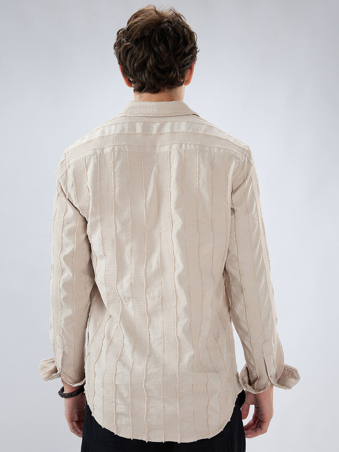 Bisque Beige Frayed Panelled Waffle Textured Shirt