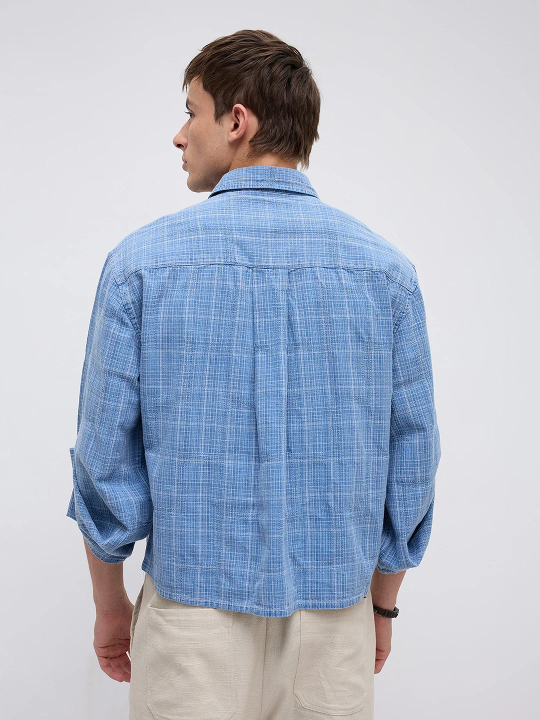 Icy Denim Blue Micro Checks Cuffless Oversized Crop Shirt
