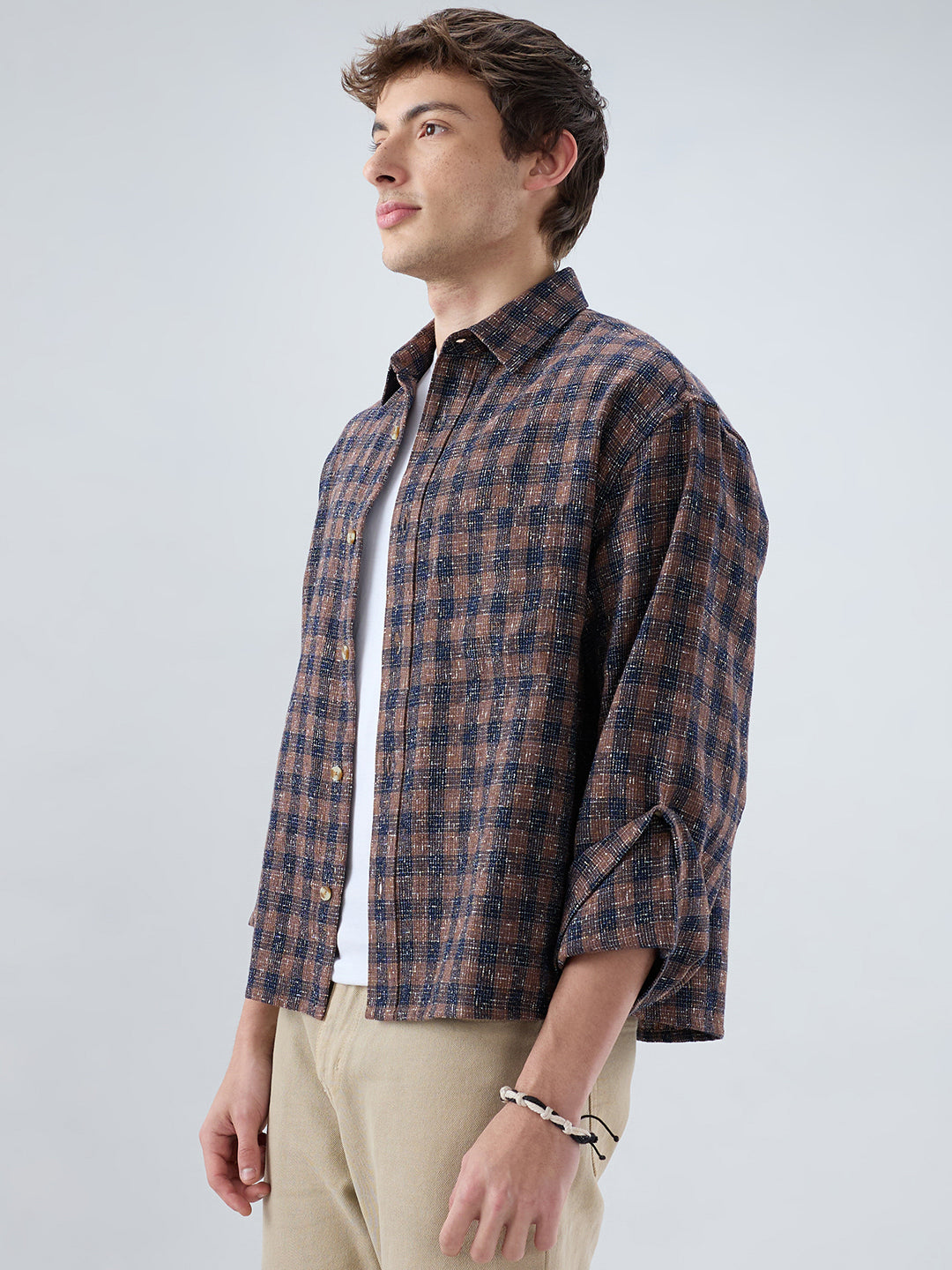 Raunak Edit Glossy Navy & Brown Checked Oversized Crop Shirt