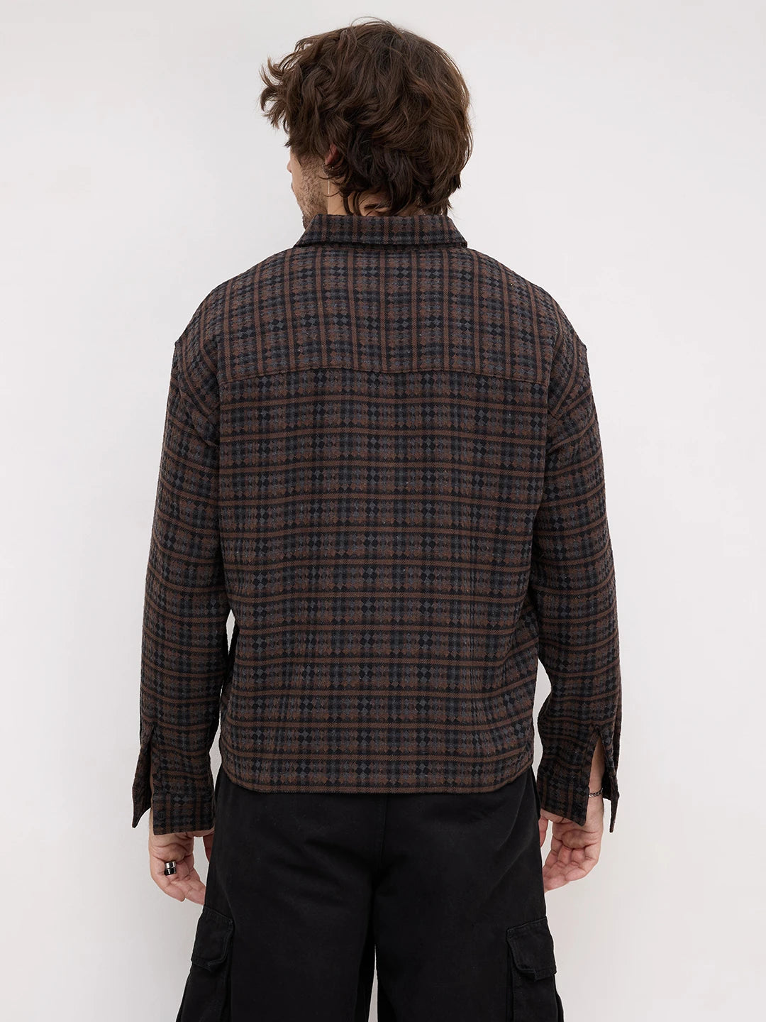 Luxe Brown Motif Panelled Loop Button Oversized Flannel Shirt