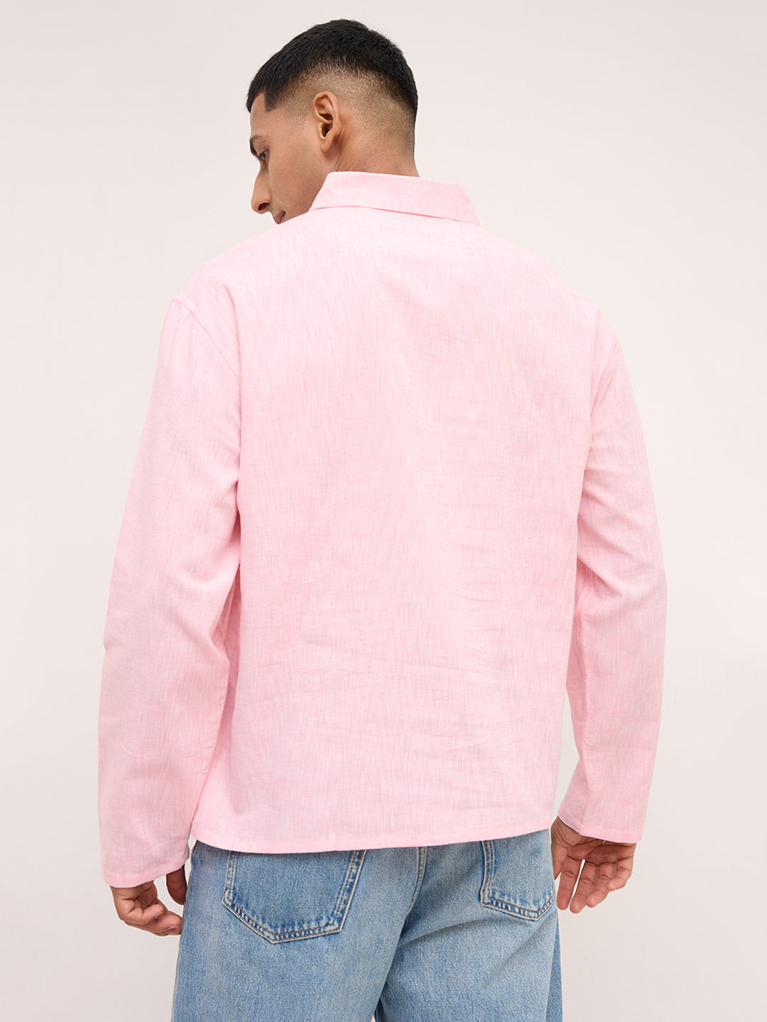 Soft Pink Textured Center Seam Oversized Polo Shirt