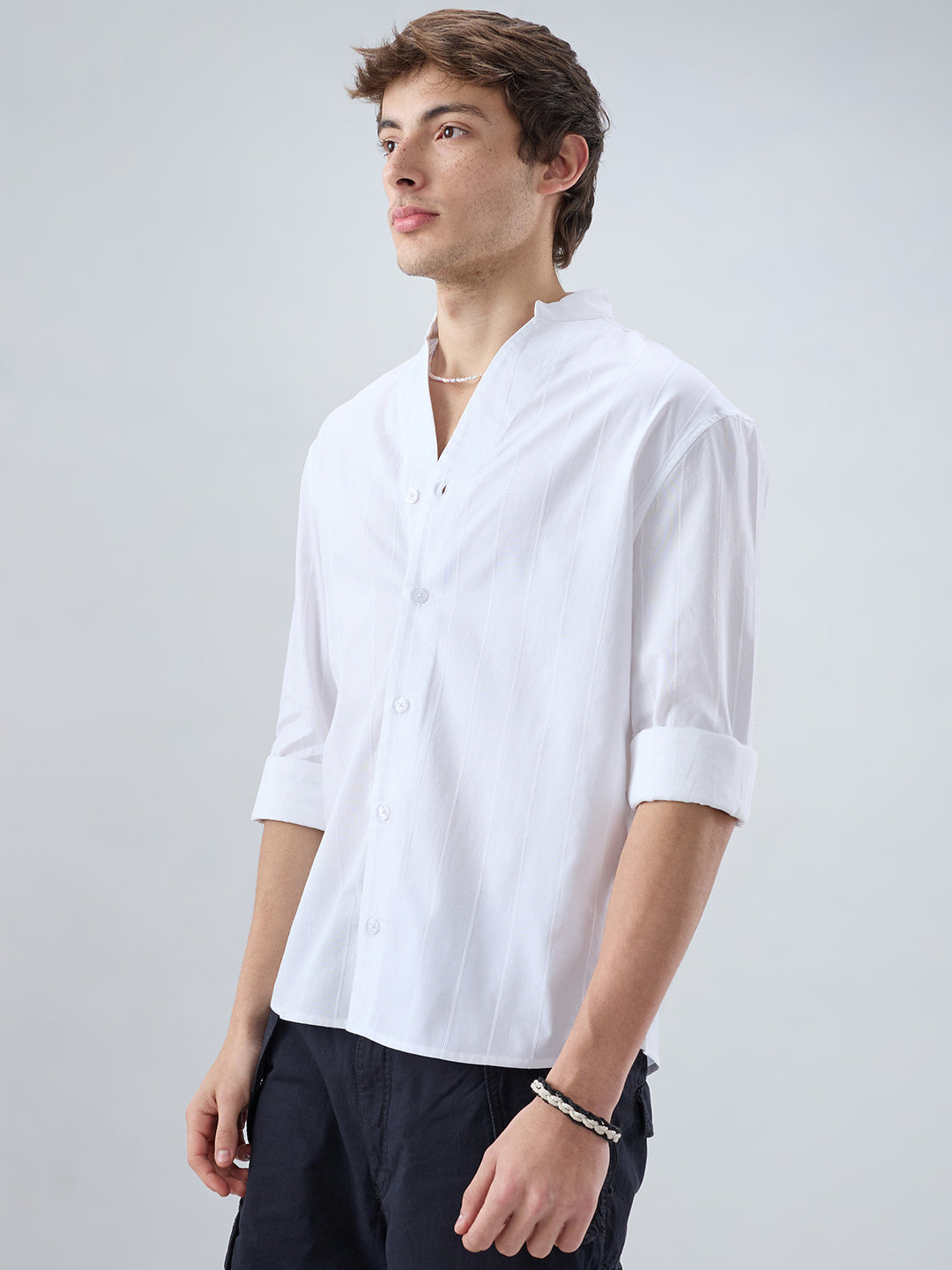 Snow White Panel Textured Stand Collar Oversized Shirt