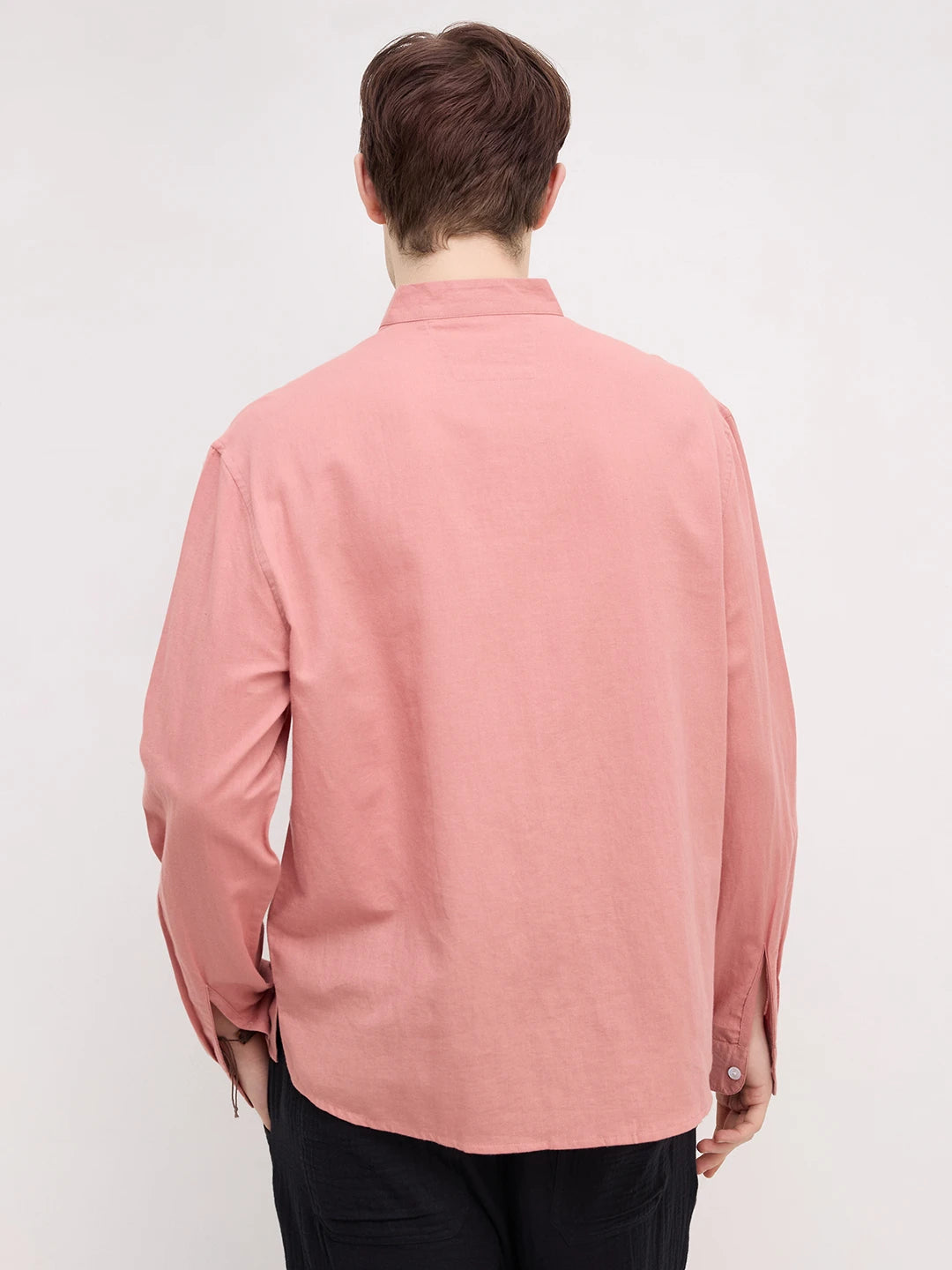 Luxe Coral Linen Blend Stand Collar Oversized Shirt