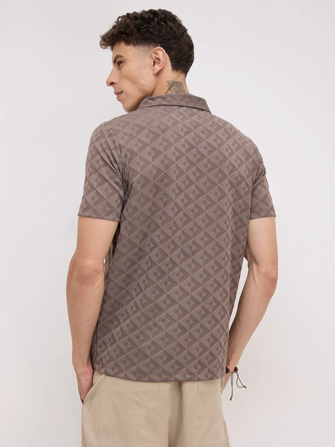 Cedar Brown Diamond Embossed Zip Polo Tee