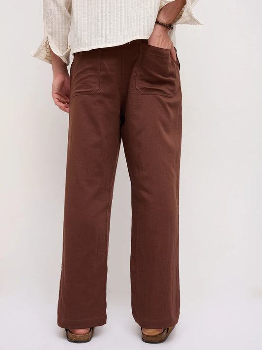 Coffee Brown Fine Herringbone Textured Straight Fit Trousers