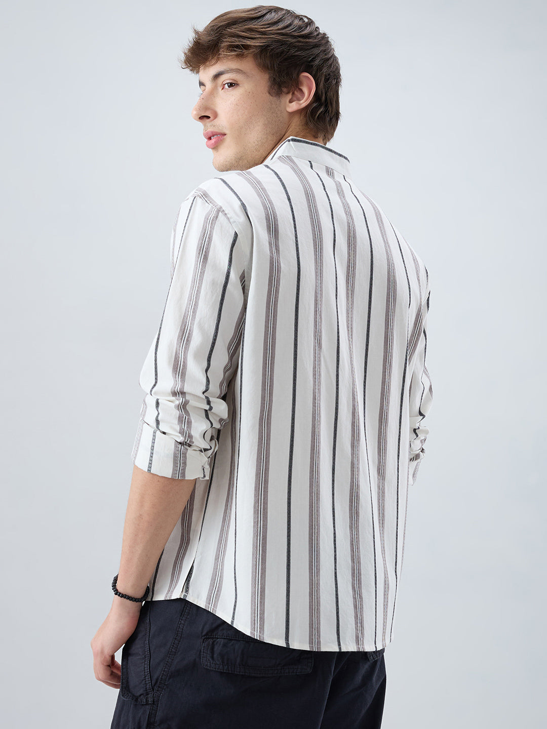 White Intricate Motif Contrast Striped Stand Collar Oversized Shirt