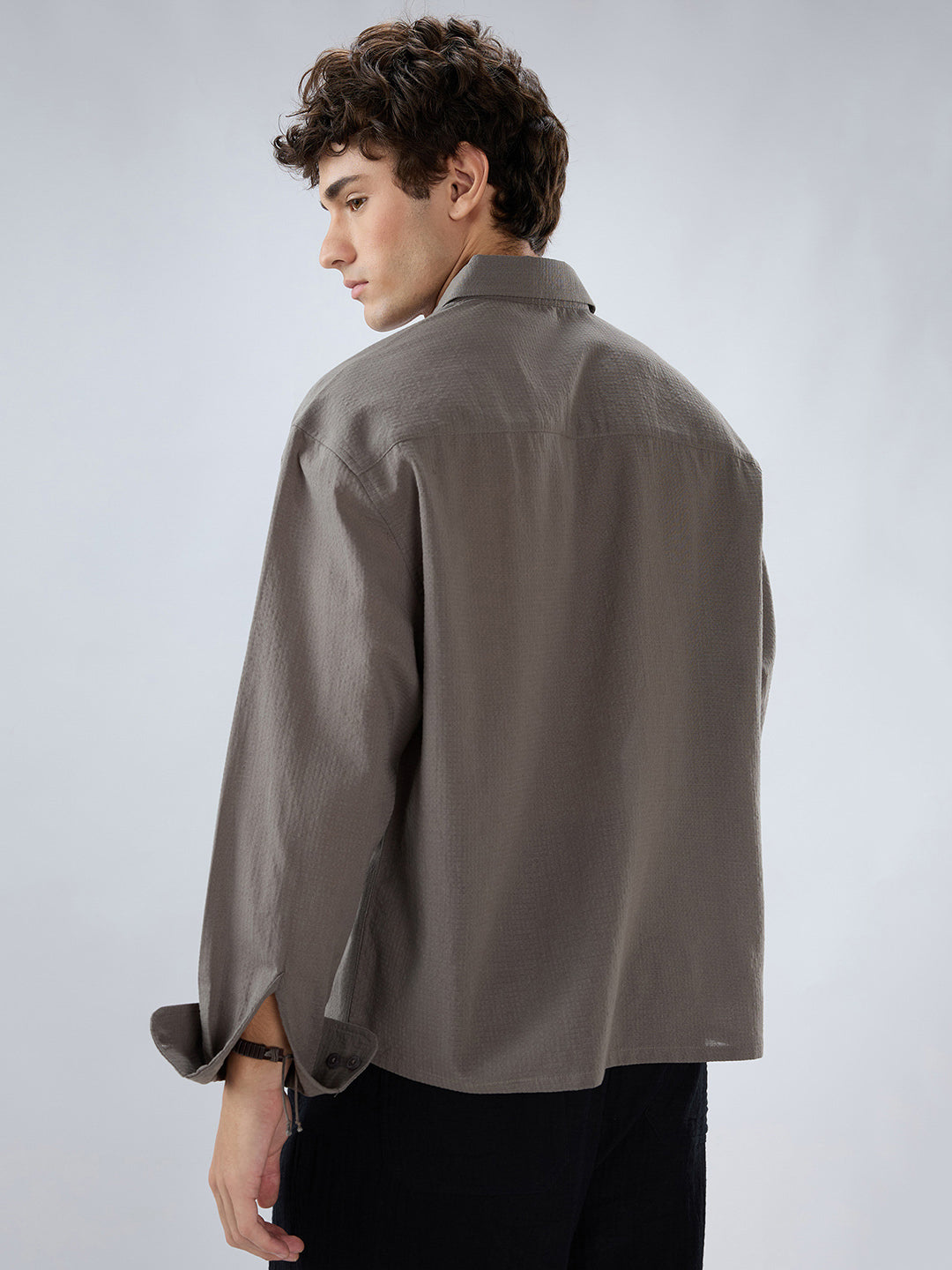 Ash Grey Micro Checked Weave Boxy Fit Crop Shirt