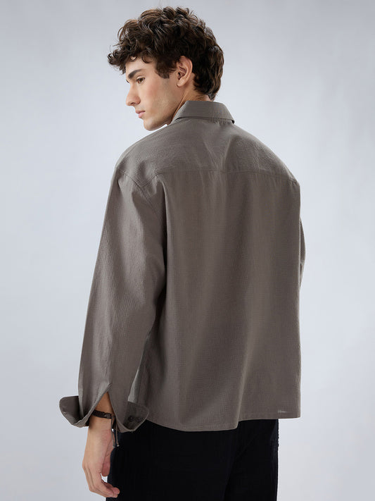 Ash Grey Micro Checked Weave Boxy Fit Crop Shirt