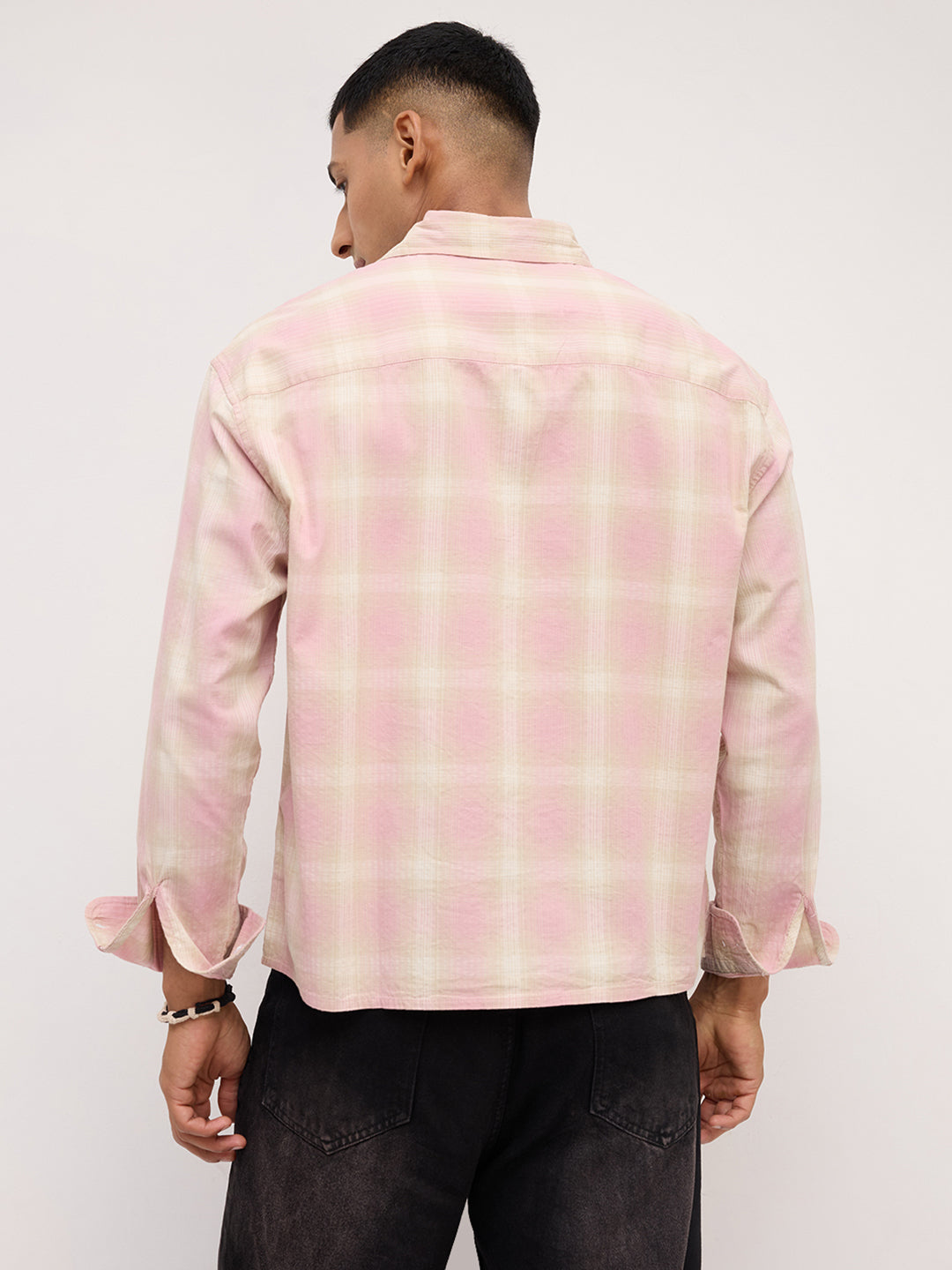 Blush Pink Block Checks Boxy Fit Crop Shirt
