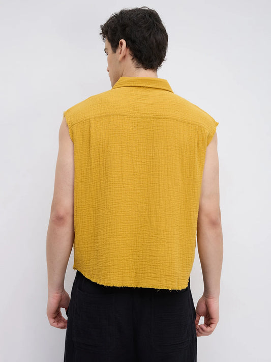 Mustard Yellow Double Cloth Sleevless Crop Shirt