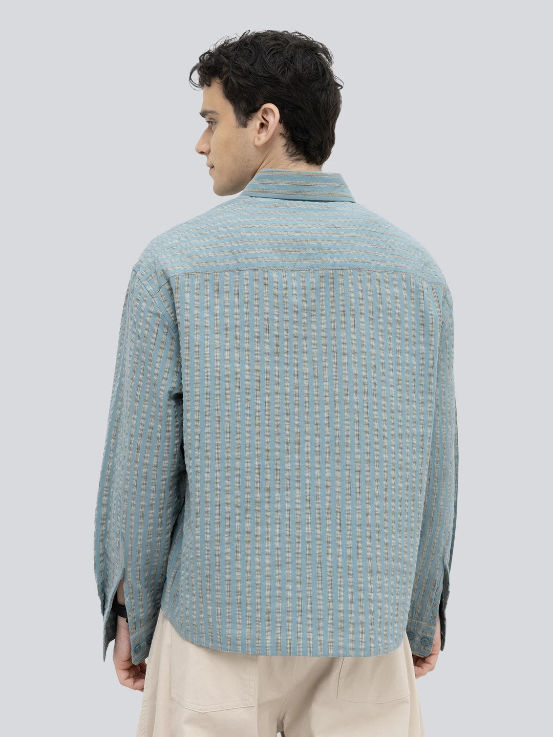 Sea Green Seersucker Candy Striped Boxy Fit Crop Shirt