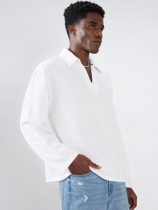 Snow White Refined Textured Knitted Oversized Polo Shirt
