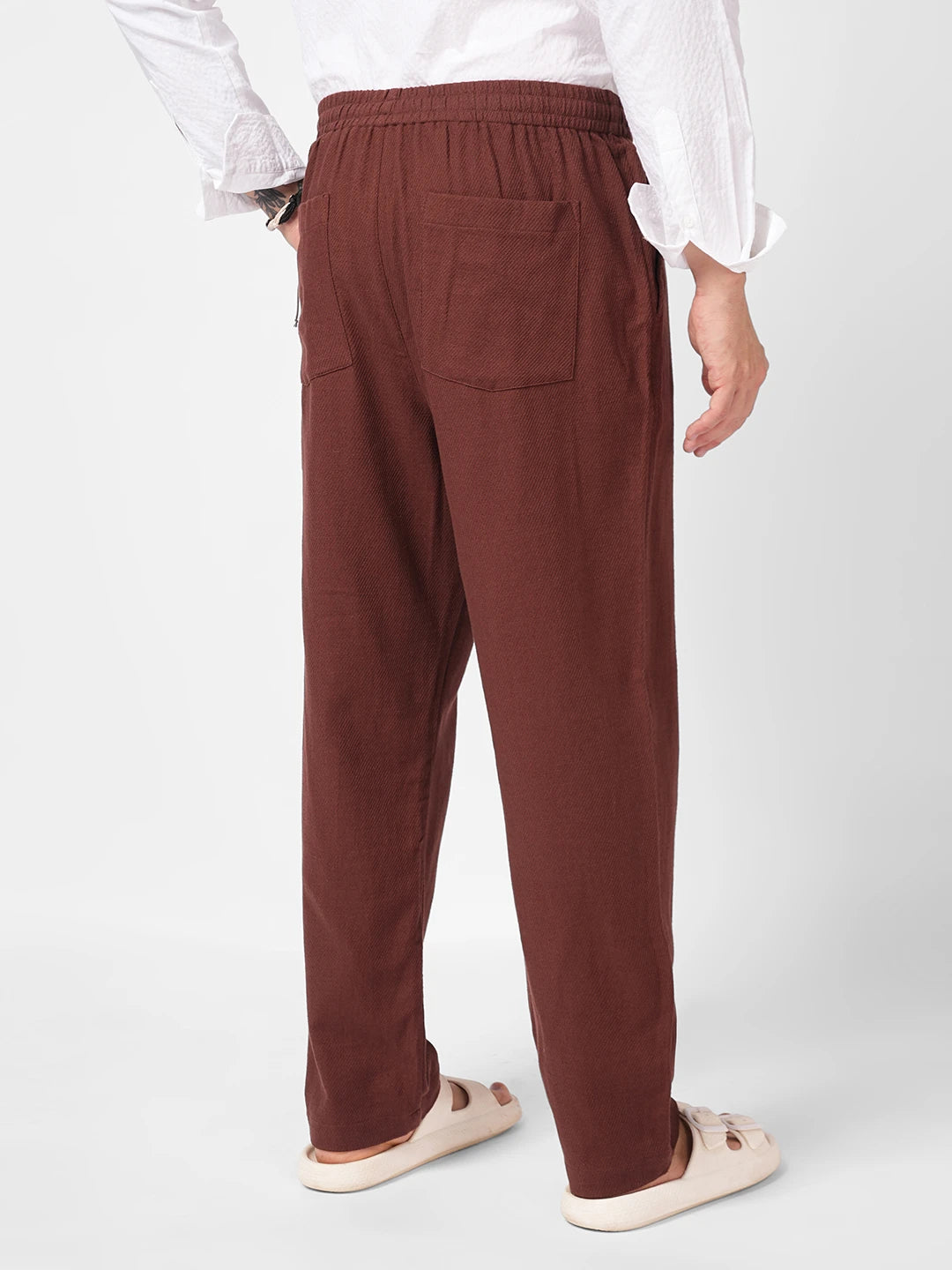 Brown Diagonal Twill Textured Tapered Trousers