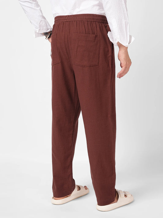 Brown Diagonal Twill Textured Tapered Trousers