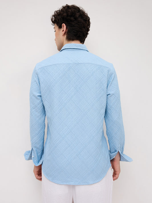 Blue Trellis Weave Textured Shirt