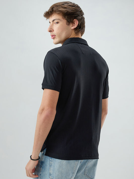 Refined Black Hairline Striped Polo Knit T-Shirt