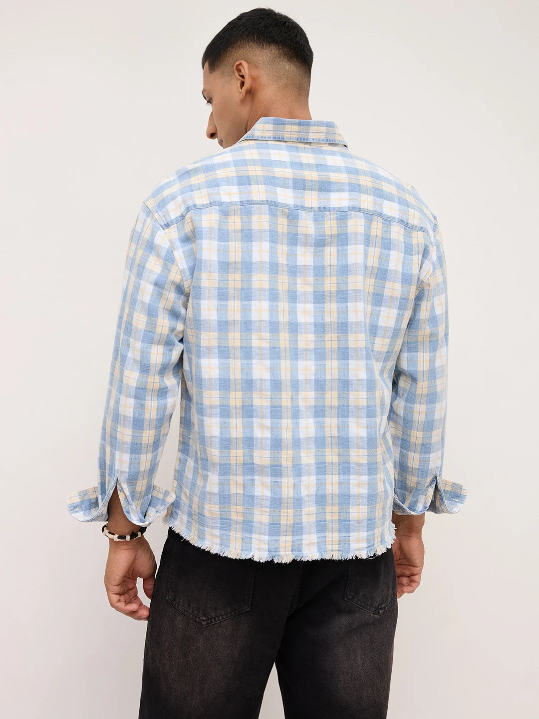 Distressed Hem Denim Vintage Explorer Checks Boxy Fit Crop Shirt