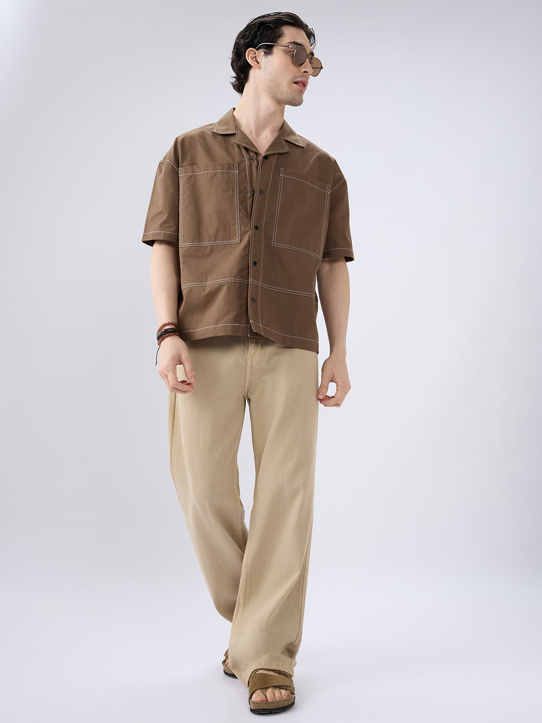 Rustic Cocoa Twin Pocket Oversized Crop Shirt