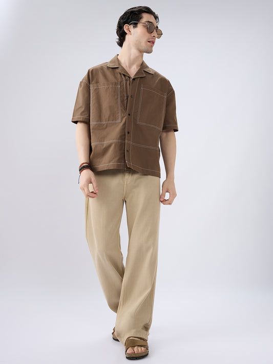 Rustic Cocoa Twin Pocket Oversized Crop Shirt