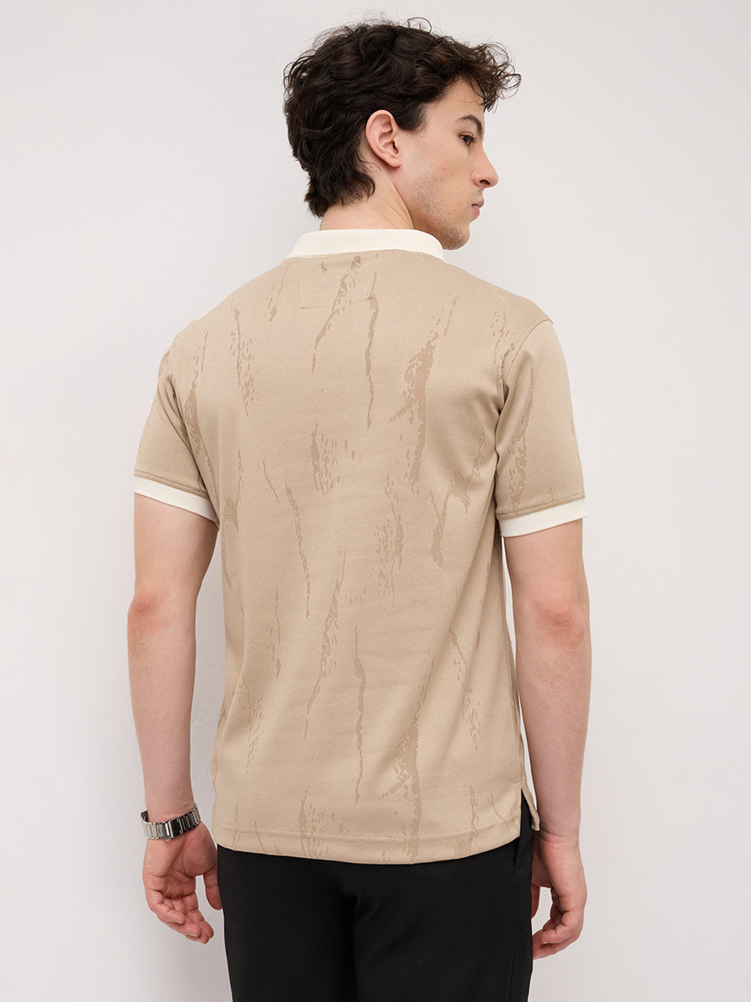 Intricate Beige Textured Contrast Polo Knit T-Shirt