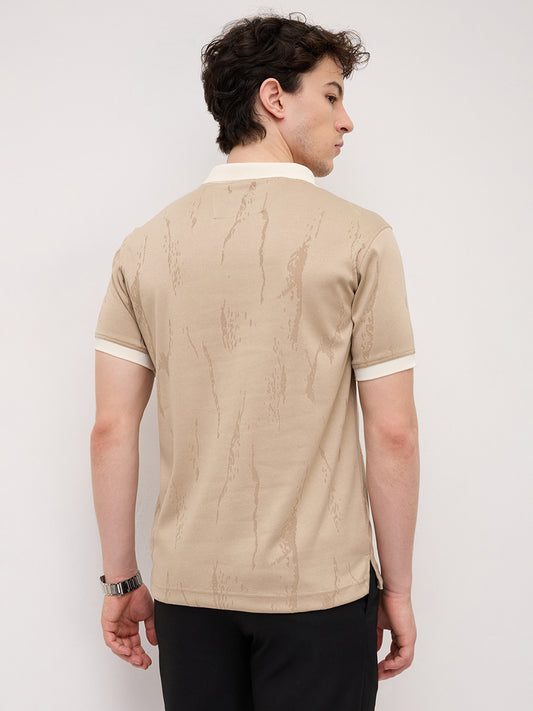 Intricate Beige Textured Contrast Polo Knit T-Shirt