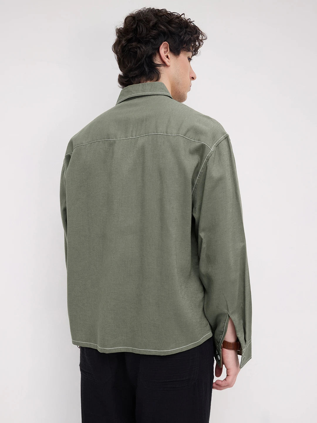 Luxe Olive Canvas Linen Blend Boxy Fit Crop Shirt