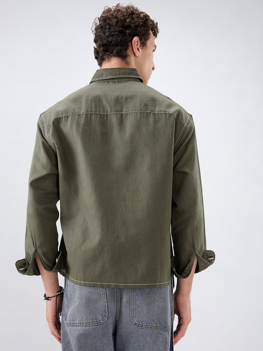 Timeless Olive Linen Blend Contrast Stitch Boxy Fit Crop Shirt