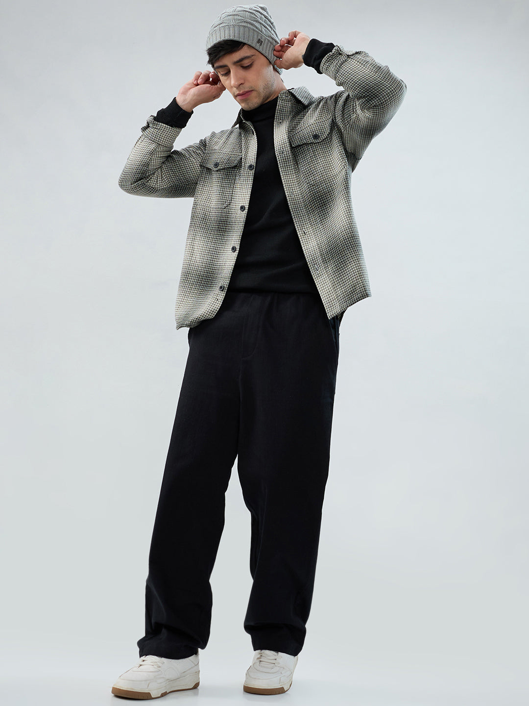 Olive & Black Houndstooth Checks Double Pocket Flannel Shirt