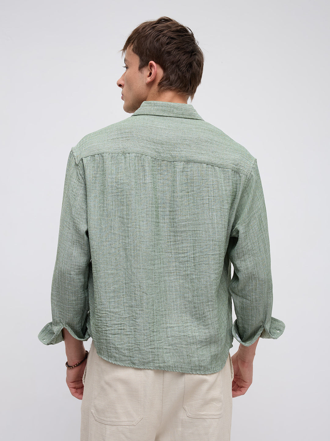 Mint Green Textured Boxy Fit Crop Shirt