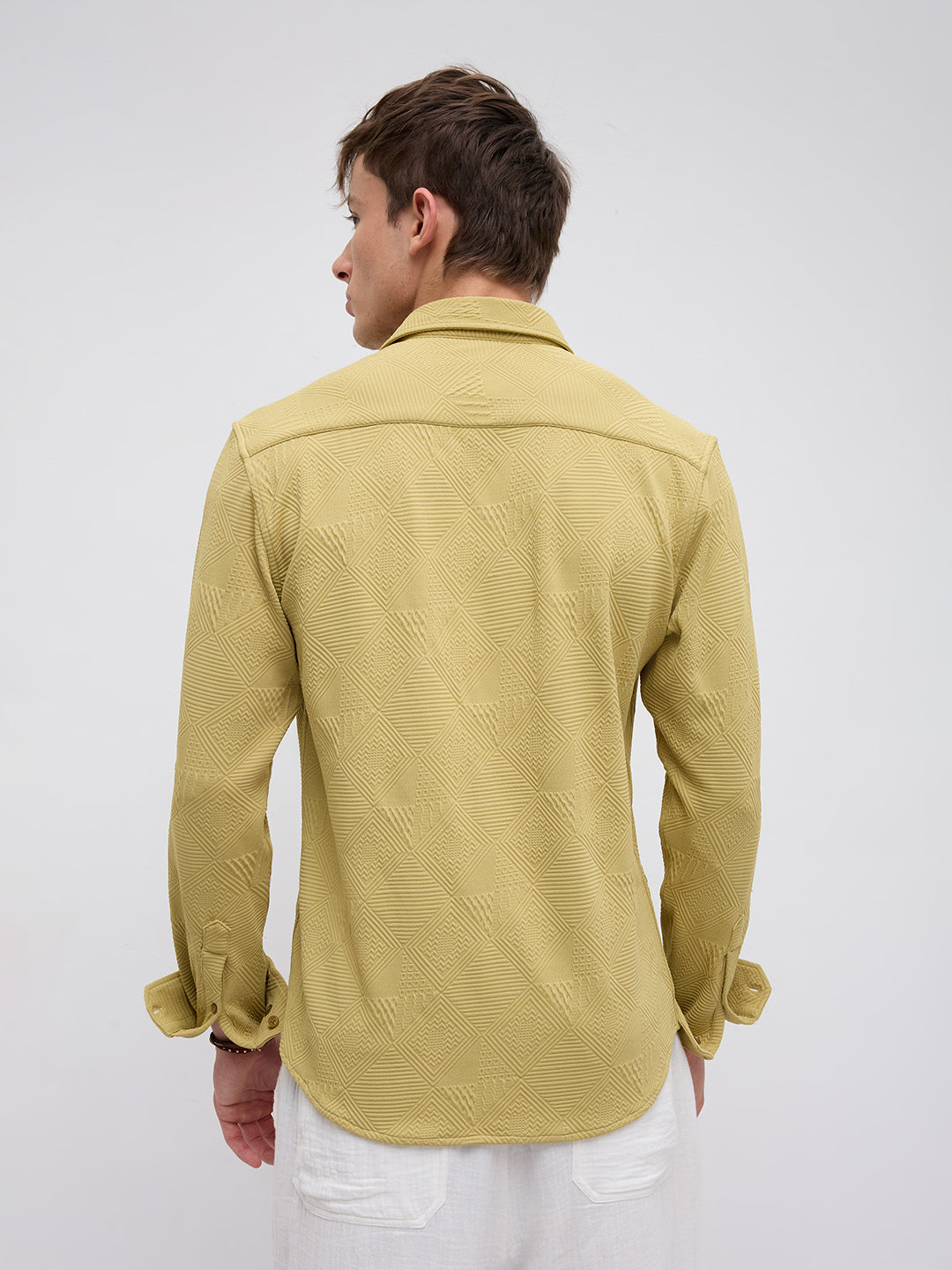 Sunlit Mustard Maze Textured Knitted Shirt