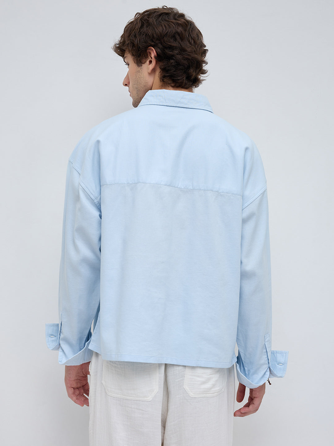 Light Blue Solid Double Pocket Boxy Fit Crop Shirt