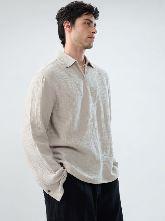 Cloud Grey Cuffless Double Cloth Oversized Shirt