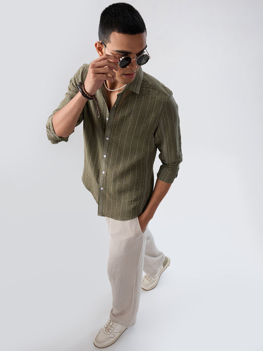 Olive Striped Crinkled Shirt