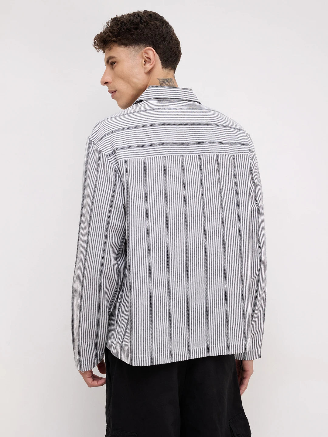Luxe Monochrome Candy Striped Notch Collar Oversized Shirt