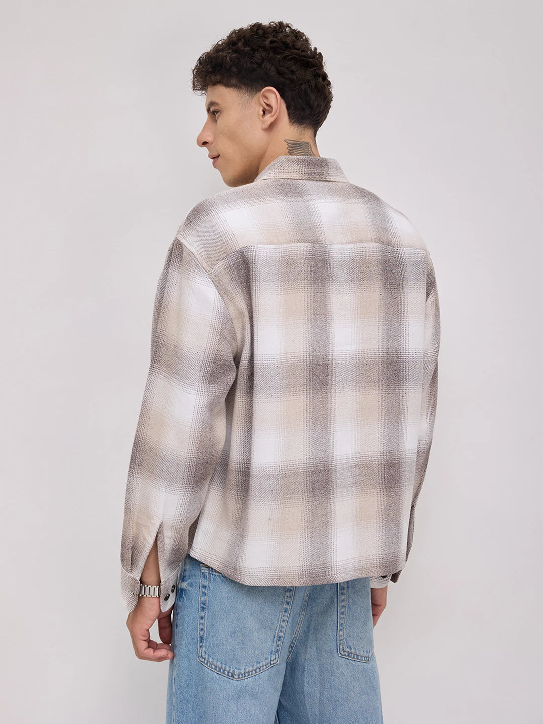 Beige Plaid Checks Boxy Fit Crop Shirt