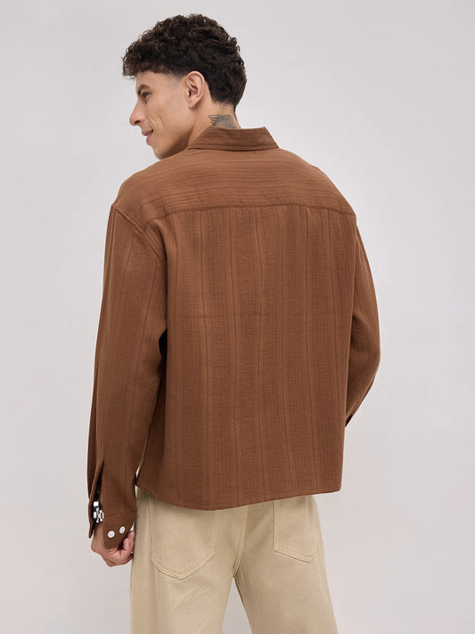 Cocoa Double Cloth Seersucker Striped Boxy Fit Crop Shirt